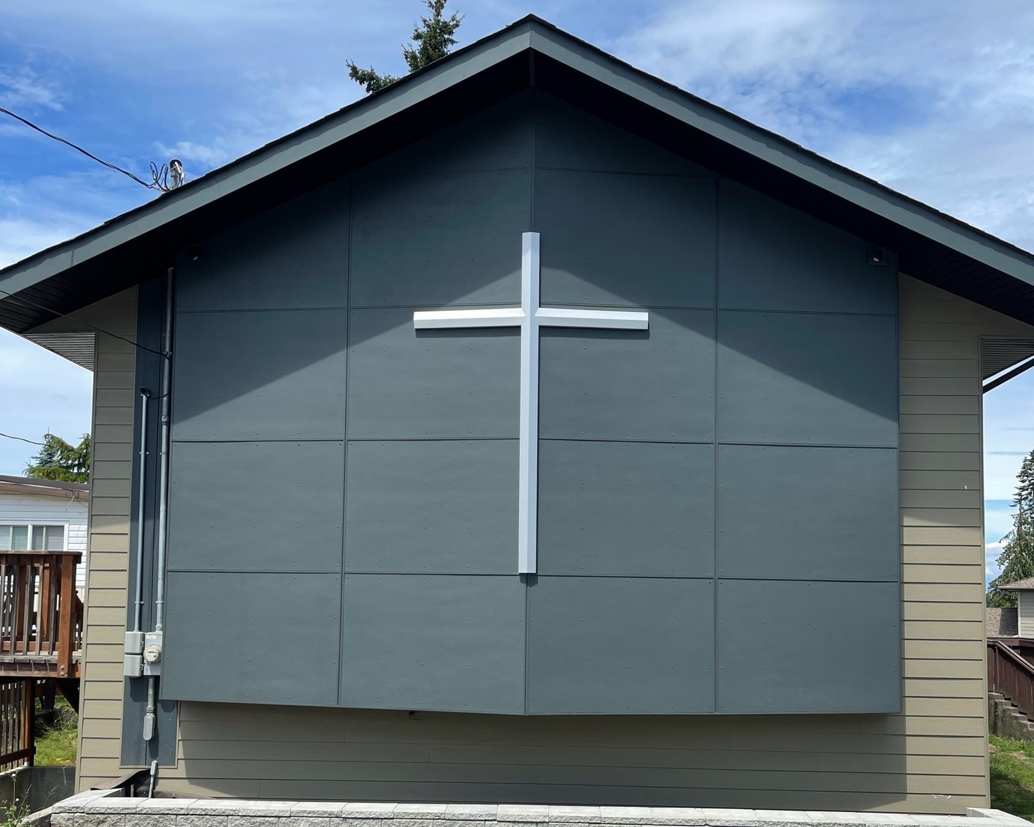 Exterior view of the church building and main entrance